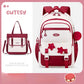 Red and white backpack with star designs on a pink background, featuring the brand 'Cutesy'.
