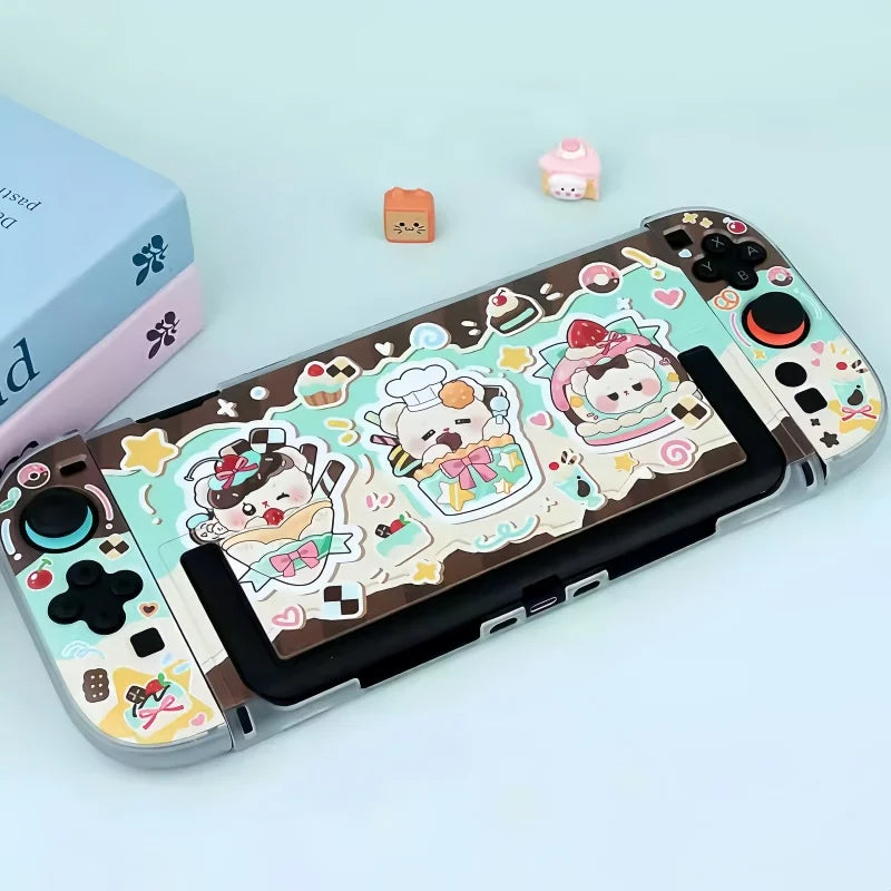 Nintendo Switch case with cartkawaiion designs on a light blue background