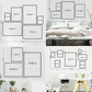 Wall art arrangement with dimensions and examples in a bedroom setting