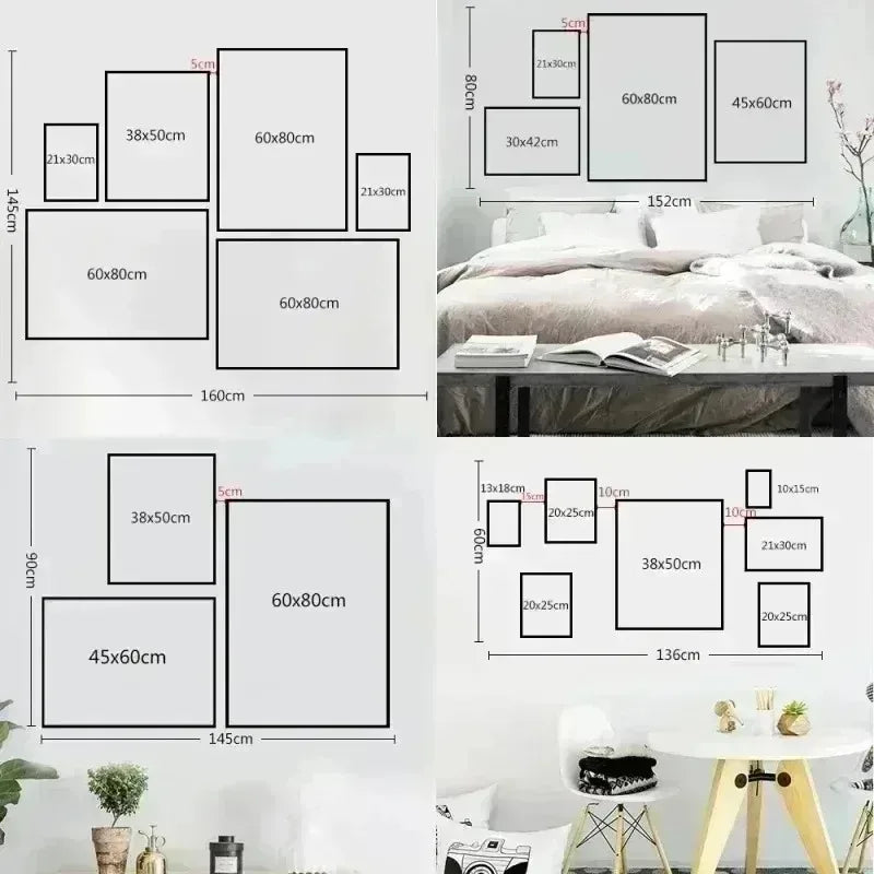 Wall art arrangement with dimensions and examples in a bedroom setting