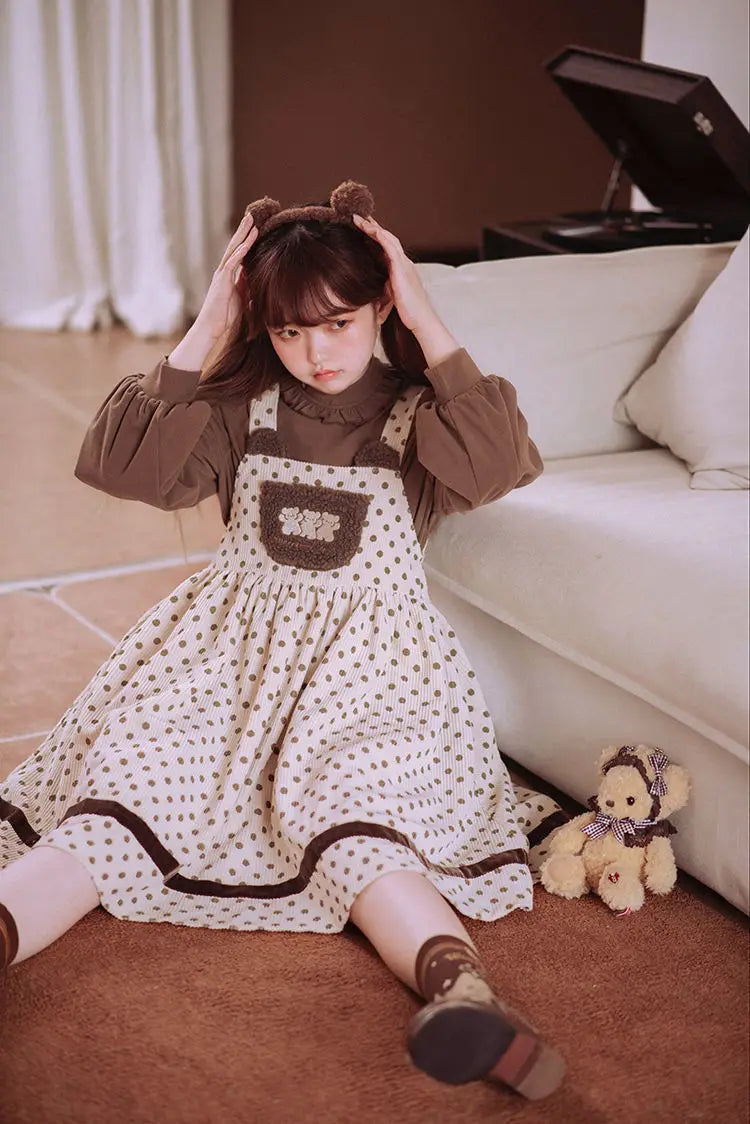 Corduroy Teddy Bear Overalls Dress Short Style Polka Dot / L Corduroy Teddy Bear Overalls Dress Short Style Polka Dot / L