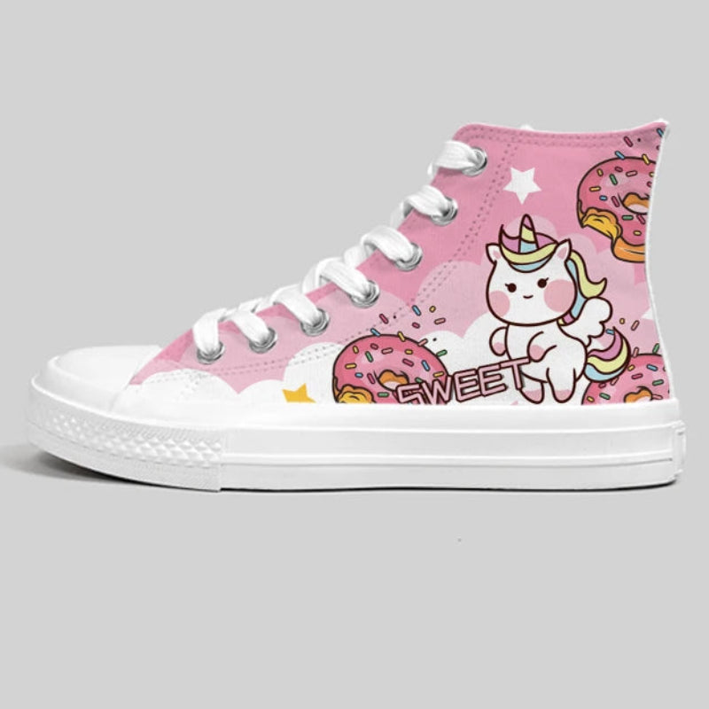Side view of Kawaii Pink and White Unicorn Canvas Sneakers 