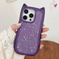 Purple phone case with star glitter held by a person indoors.