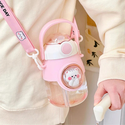 Kawaii Animal Water Bottle With Lid and Straw