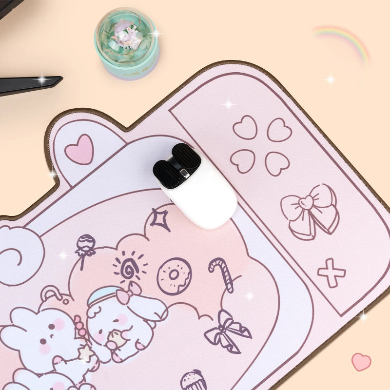 Pink mouse pad with cartoon designs on a light beige surface