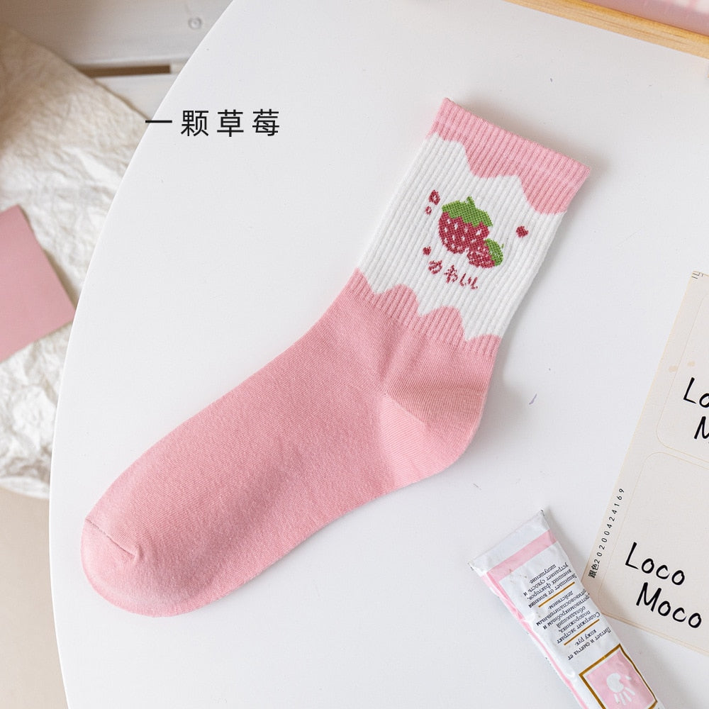 Kawaii Pink and White Strawberry Socks