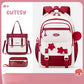Red and white backpack with matching handbag and pouch on a pink background, featuring the brand 'CUTESY'.