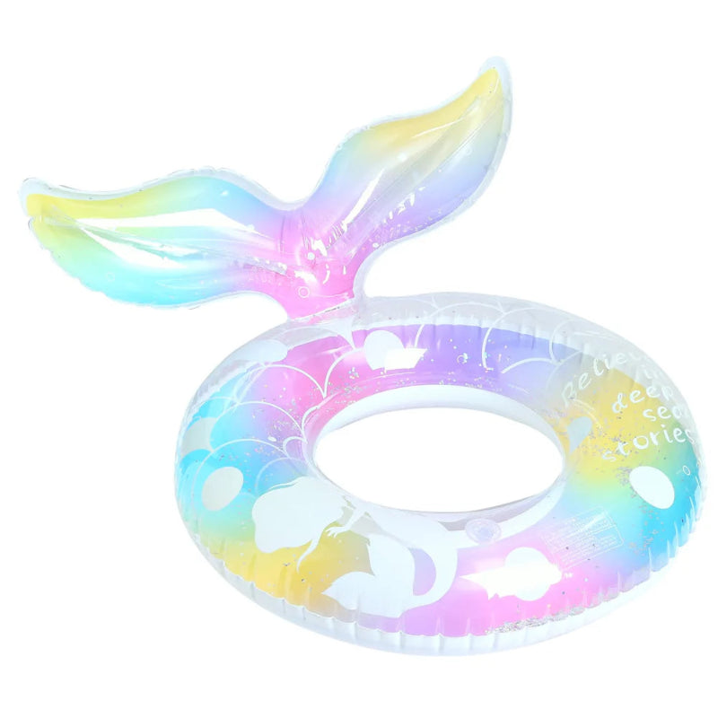 Colorful inflatable mermaid tail with cloud design on a white background