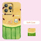 Phone case with watermelon design and cartoon cats, labeled 'Soft Case'.