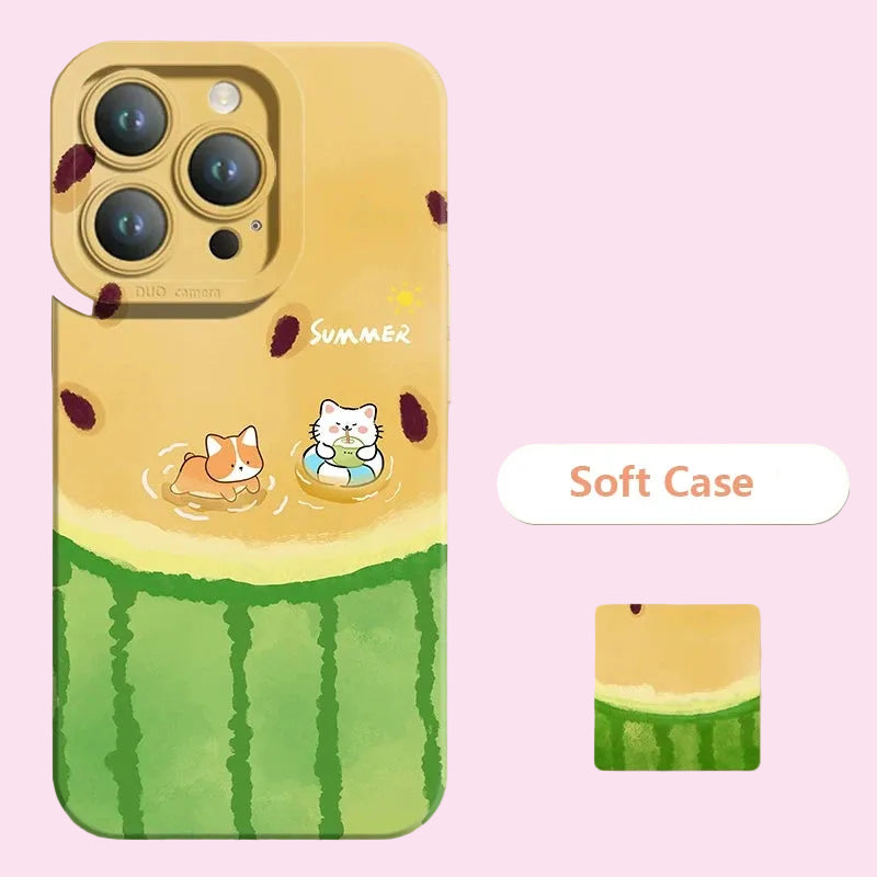 Phone case with watermelon design and cartoon cats, labeled 'Soft Case'.