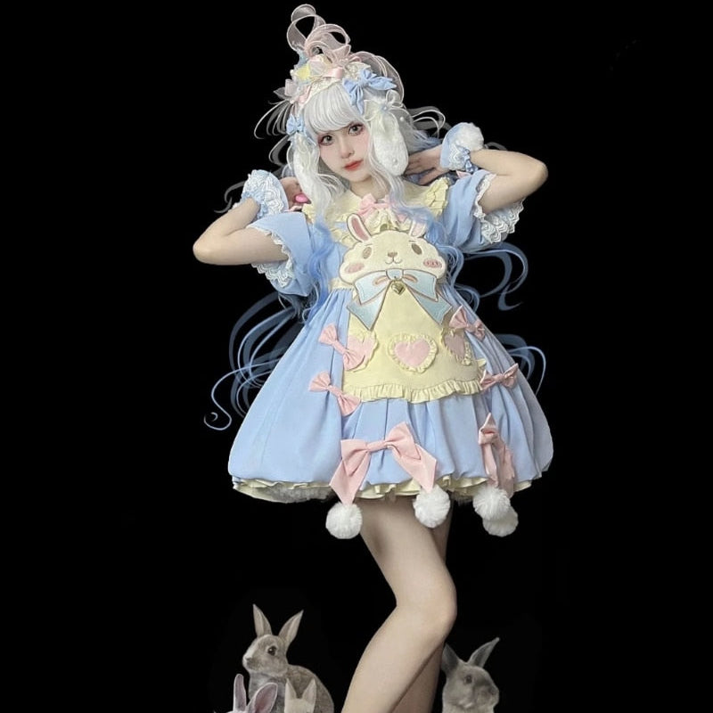 pastel kawaii dress Aesthetic Soft Girl Floral Sweetheart Neckline The Kawaii Factory Size Guide Sweet Lolita Bunny Party Dress
