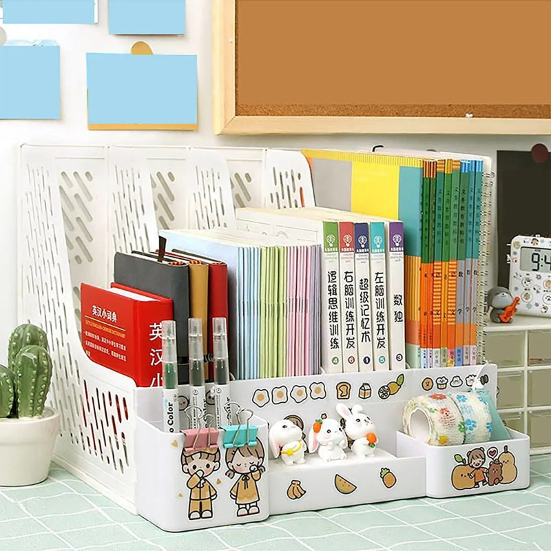 White desk organizer with stationery items on a desk