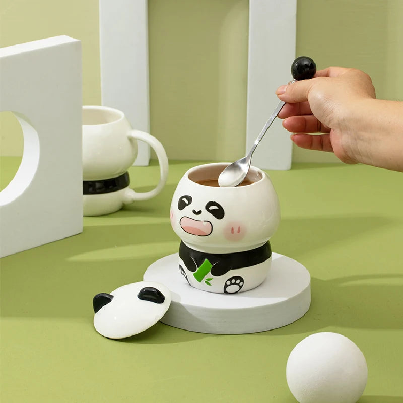 Ceramic Panda Mug With Lid & Spoon