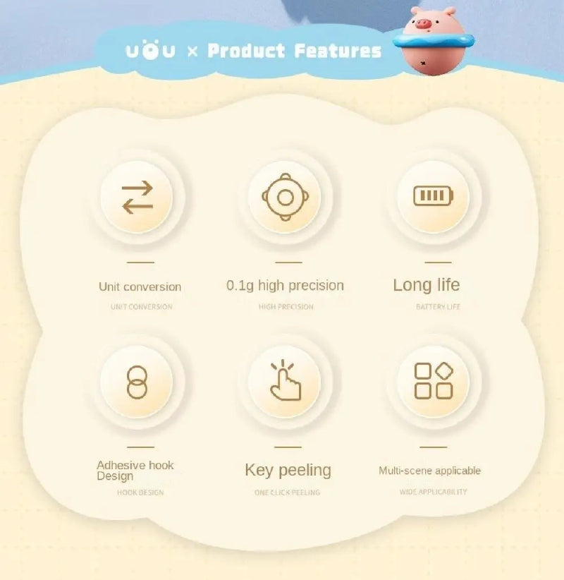 Product features of UOU with icons and text on a light background