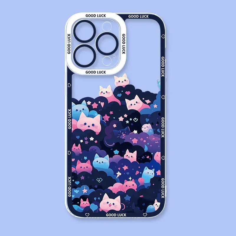 Kawaii Phone case with black cat design and 'Good Luck' text on a blue background