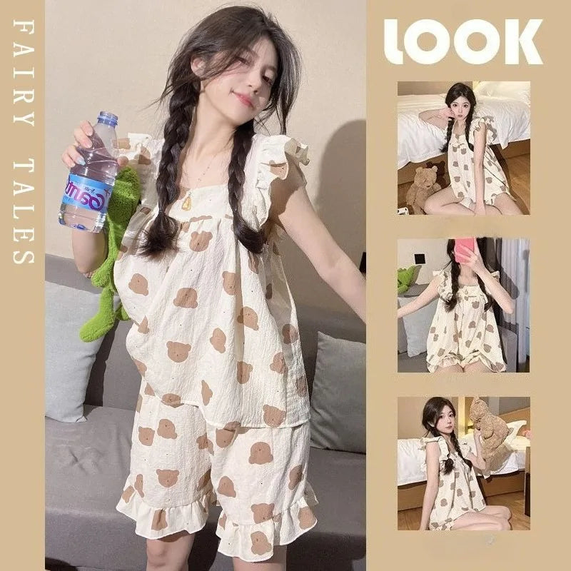 Woman in cute bear patterned pajamas holding a bottle, with inset images of her sitting on a bed with a teddy bear.