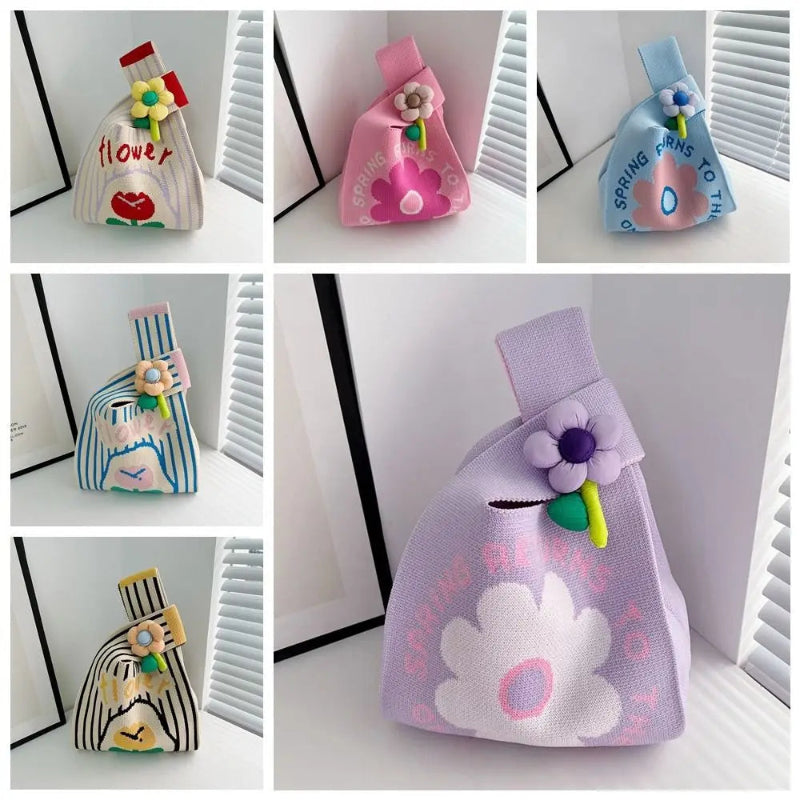 Collage of colorful mesh bags with floral designs on a white background