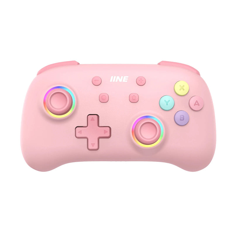 Pink gaming controller with colorful buttons on a white background
