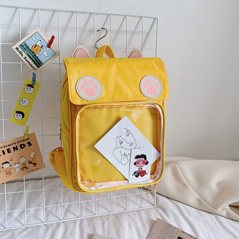 Kawaii Clear Pocket Cat Backpack in Yellow