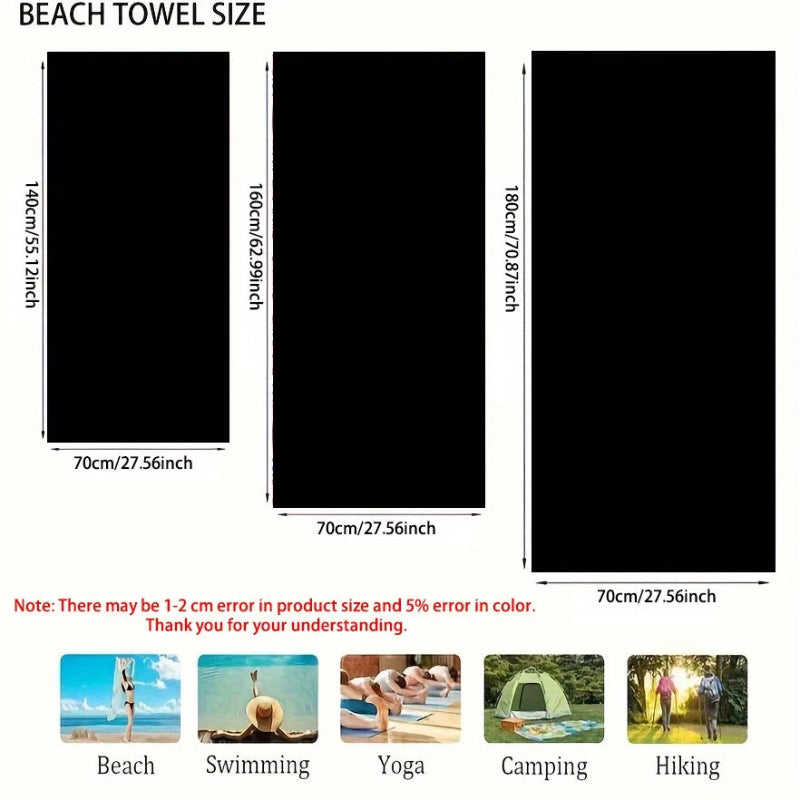 Measurement chart for beach towels with dimensions and usage scenarios.