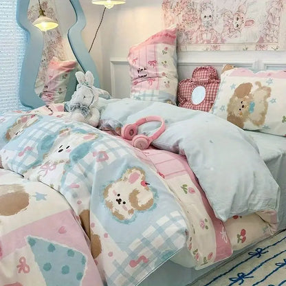  Bedroom with a bed covered in dogs, bunnies and bears themed bedding and pillows.