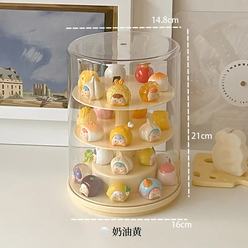 A three-tier rotating acrylic display stand with a clear cylindrical cover, shown on a tabletop with overlaid dimension labels (14.8 cm, 21 cm, 16 cm) and Chinese text indicating the color.