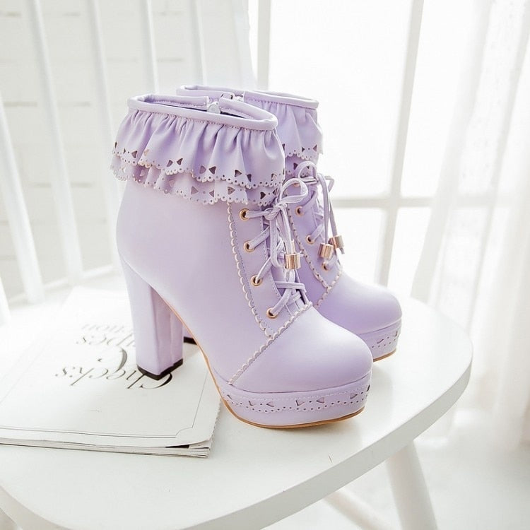 Kawaii Round Toe Lace Up Ankle Boots in Purple