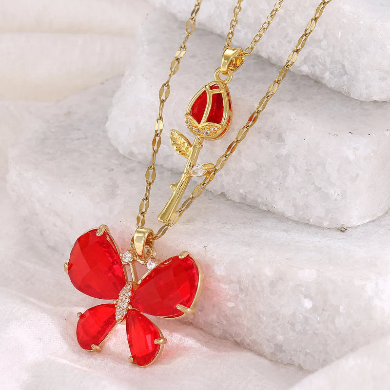 Kawaii Enchanting Butterfly Rose Necklace in the red color 