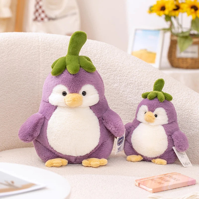 Kawaii Cute Penguin Eggplant Plushies on a couch