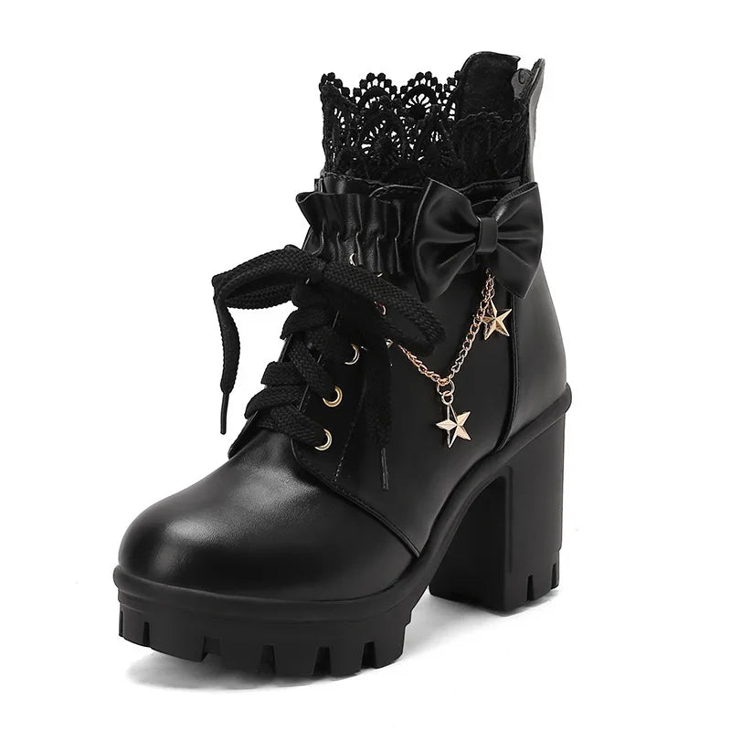 Black lace-up boot with bow and star charm on a white background