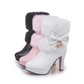 Three pairs of high-heeled boots with fur trim and decorative bows on a white background.