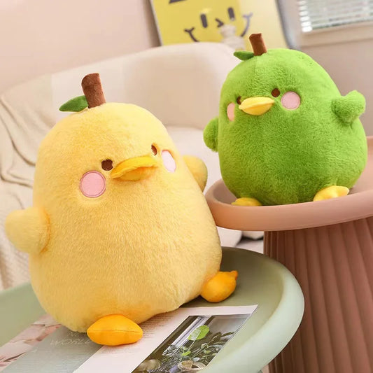 Front view of Kawaii  Cute Duck Peak Plushies in green and yellow on a sitting area  