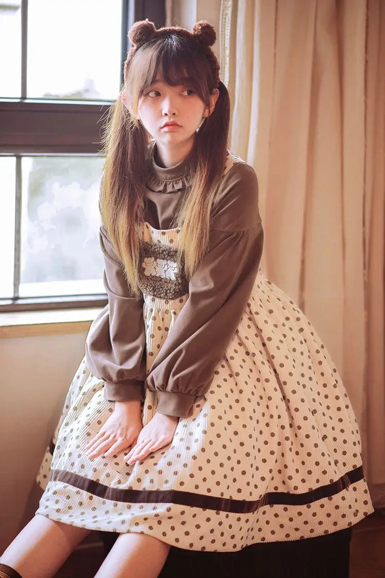 Corduroy Teddy Bear Overalls Dress Brown Shirt / S