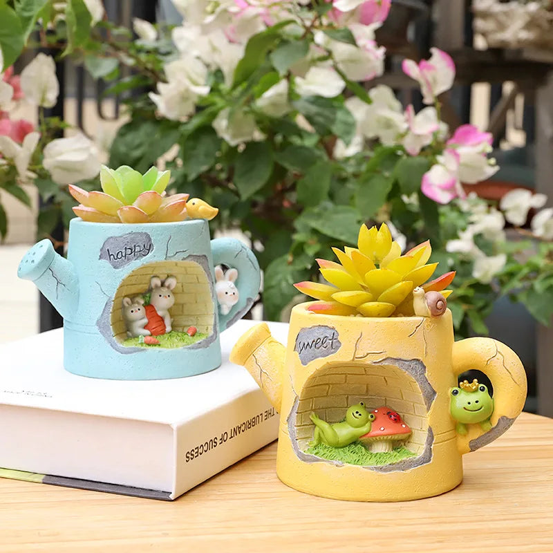 Two decorative planters with small figurines on a wooden surface.