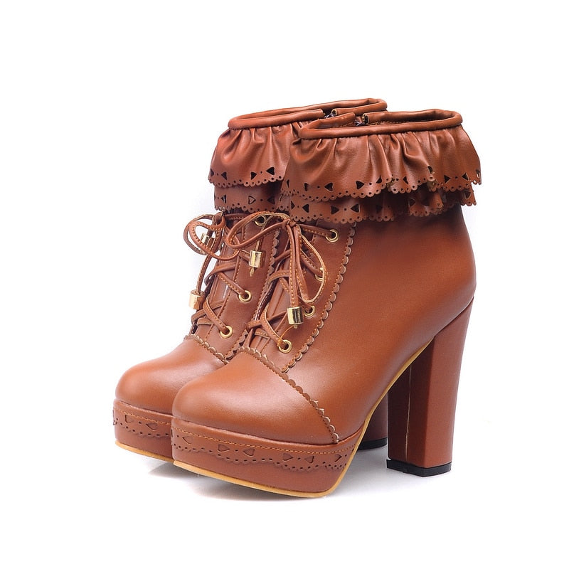 Kawaii Round Toe Lace Up Ankle Boots in Brown