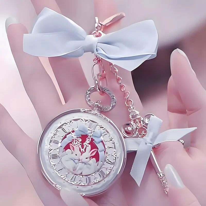 Kawaii keychain lip balm with bow and rabbit design held in hands