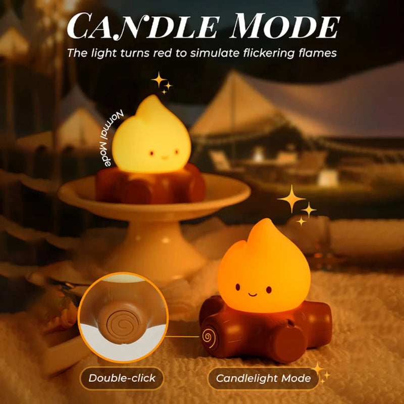 Campfire night light with a smiling face, labeled 'Candle Mode' to simulate flickering flames.