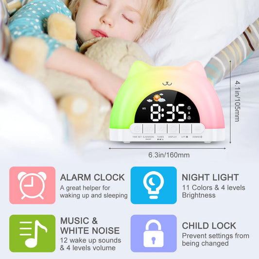 Child sleeping with a colorful alarm clock and night light in the foreground