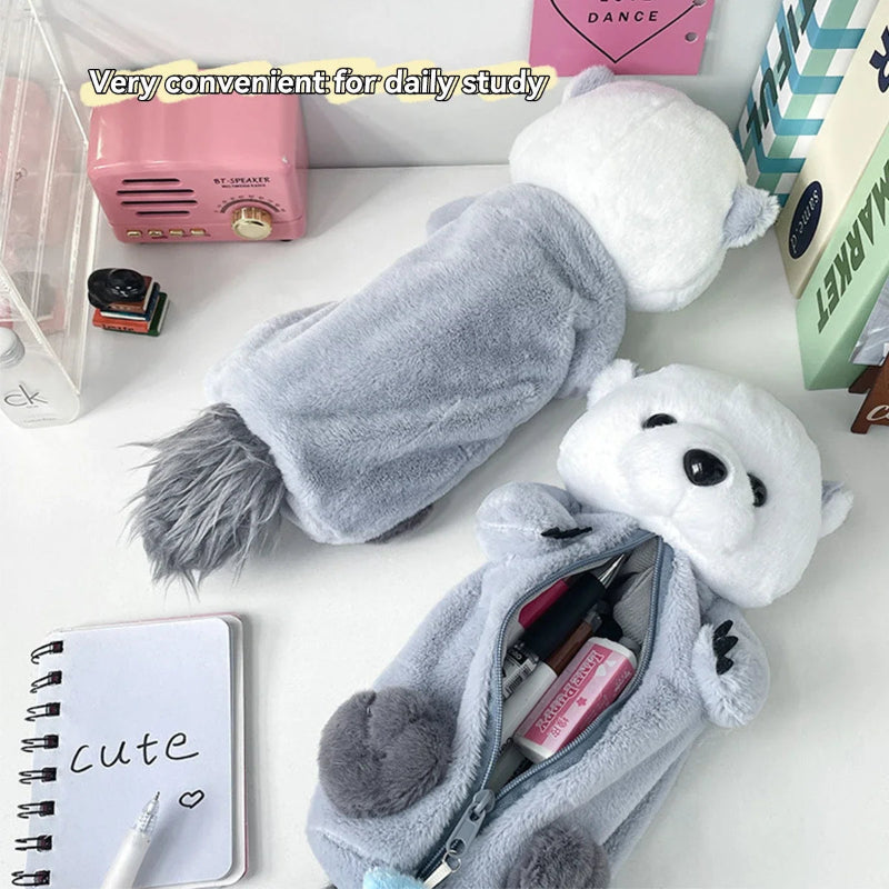 Kawaii otter plush pal pencil case displayed on a white surface.