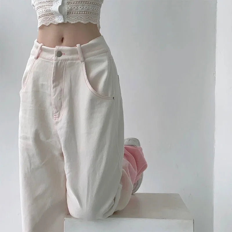 White & Pink High Waist Jeans