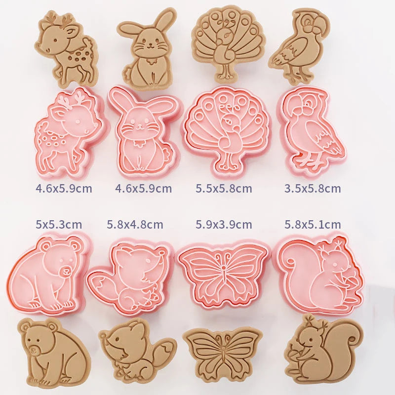 Set of animal-themed cookie cutters with dimensions on a white background