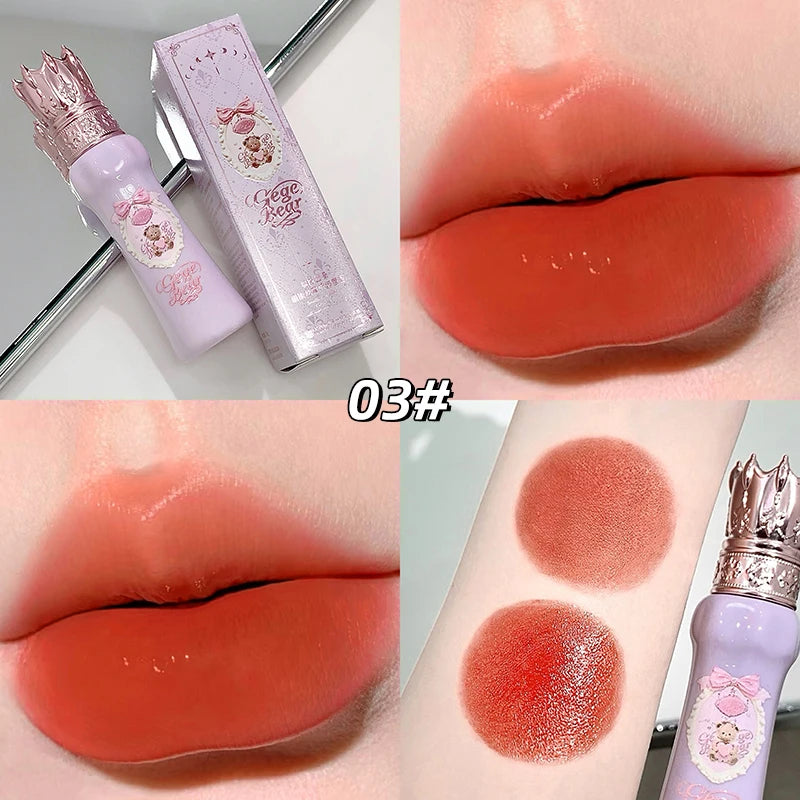 Lip gloss with packaging, swatches on lips and skin, and product details.