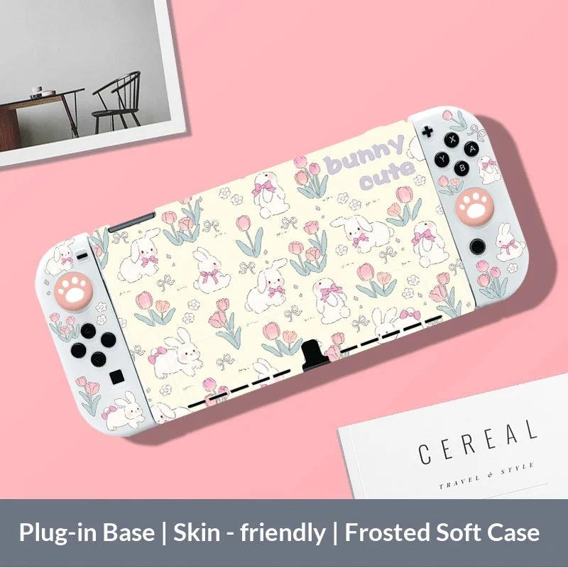 Nintendo Switch case with bunny design on a pink background
