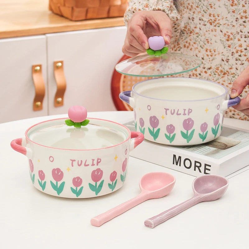 Kawaii pink and purple Flower Ramen Bowls with included spoons 