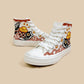 A pair of white high-top canvas sneakers with traditional Japanese koi fish and wave patterns in red, black, and gold, displayed on a solid beige background.