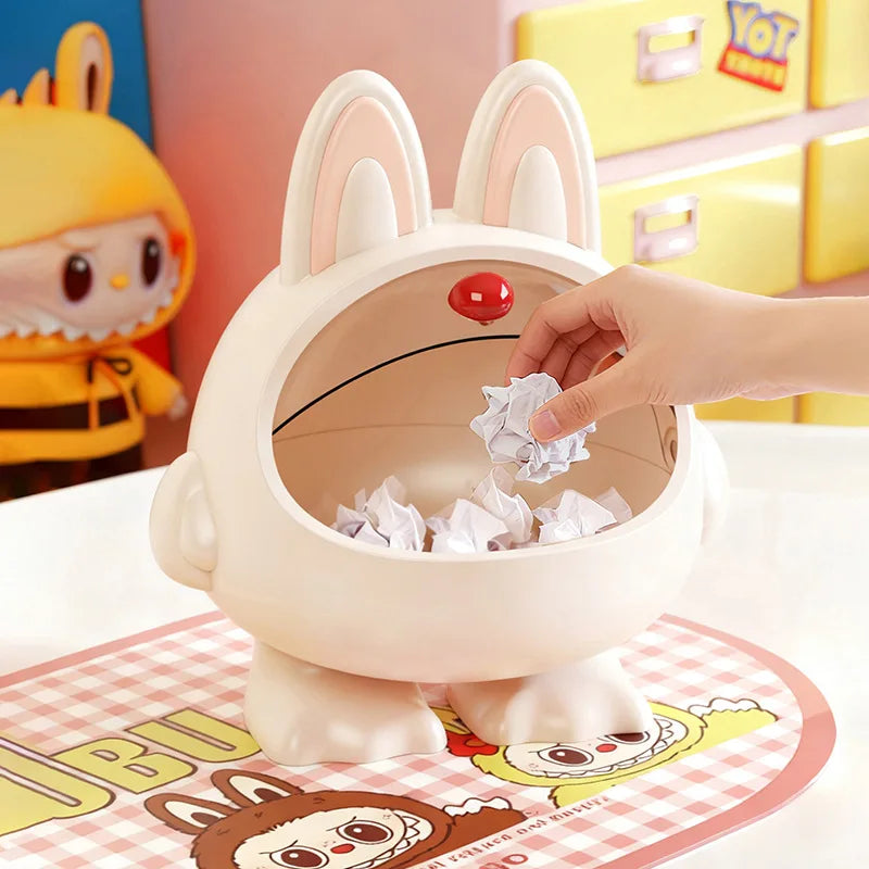 Children's trash can with cartoon design on a checkered mat