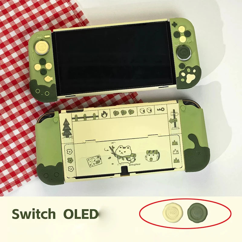Green gaming console with cartoon design on a white background