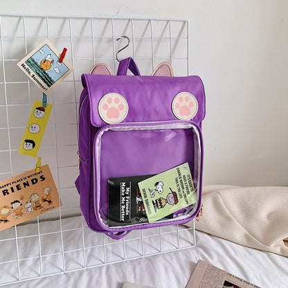 Kawaii Clear Pocket Cat Backpack in Purple