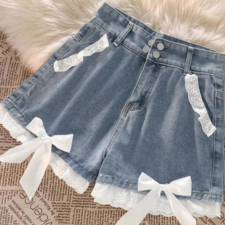 Jean Shorts With Lace Trim – Kore Kawaii