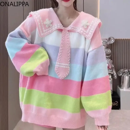 Pastel Rainbow Striped Sailor Sweater